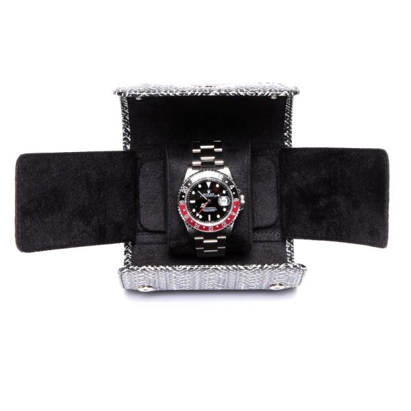 Marlow Watch Roll in Black Herringbone Leather