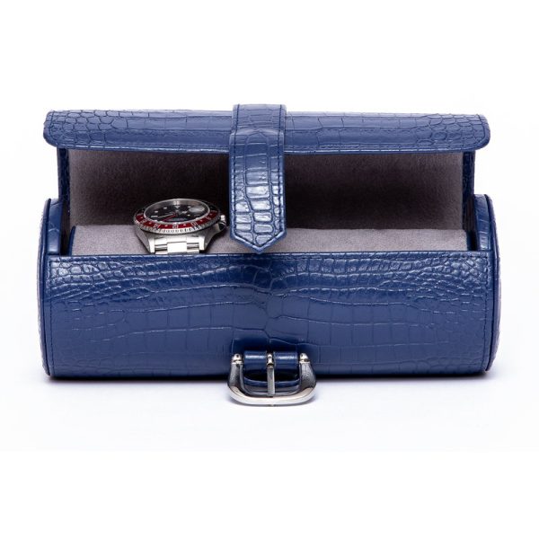 Navy Blue Crocodile effect Leather with a grey suede interior for eight watches