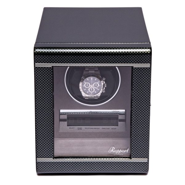 Formula Single Watch Winder in a high gloss Carbon Fibre finish.
